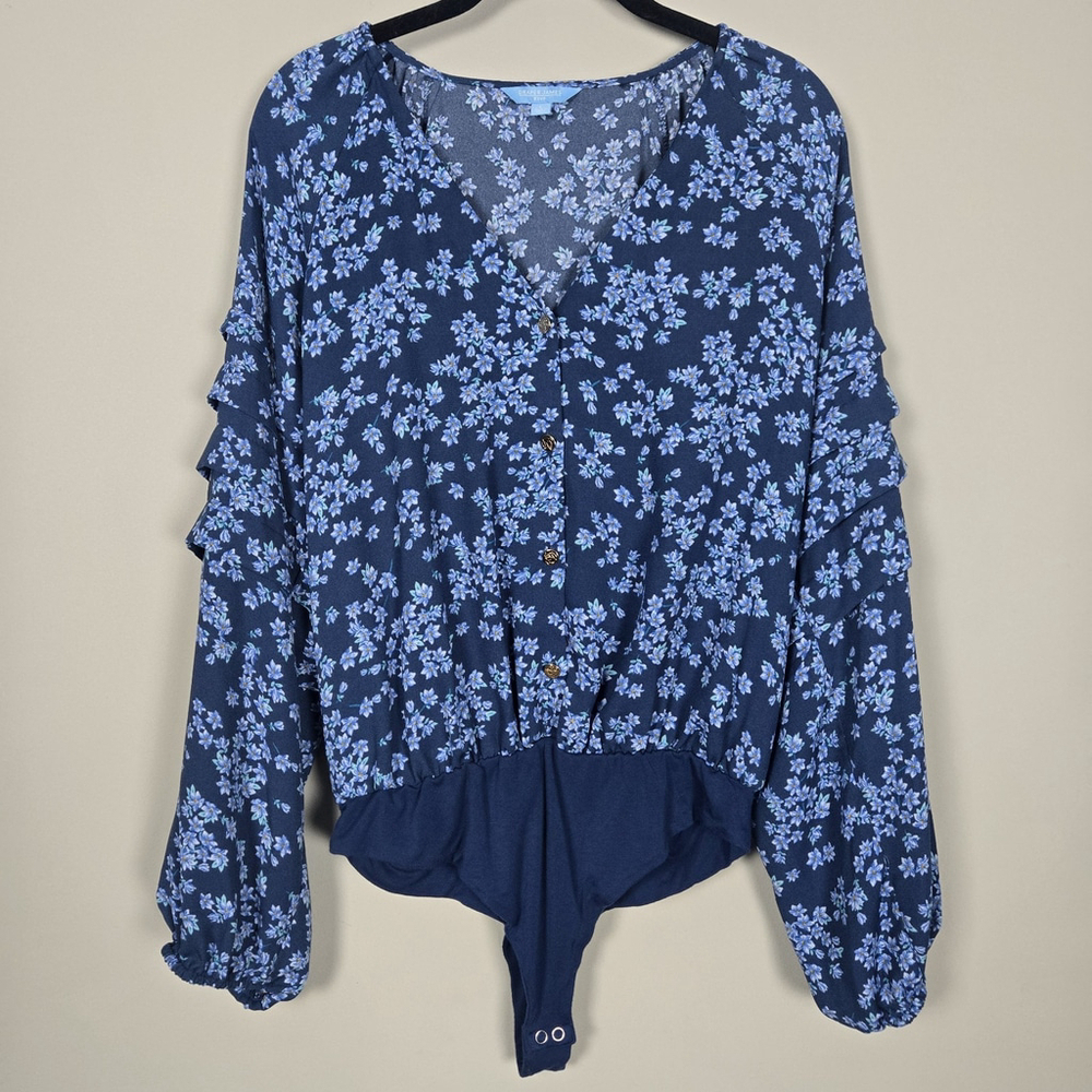 Draper James Womens Floral Long Sleeve Bodysuit Large Blue Ruffle Peasant Boho